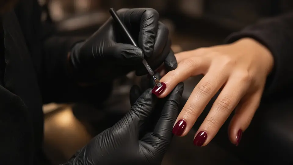 A nail artist finishing a burgundy manicure