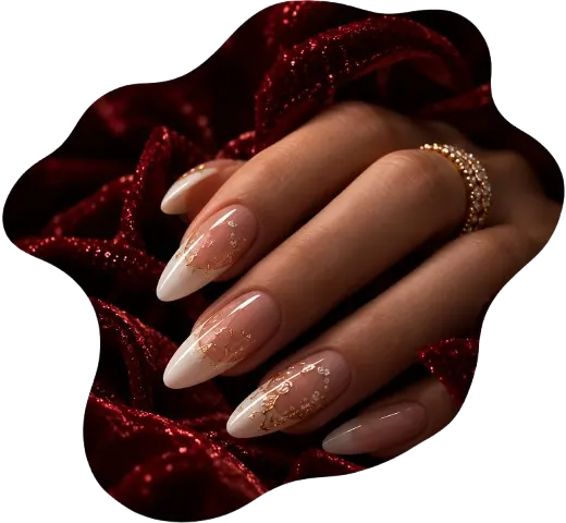 French manicure with fine gold lines on burgundy velvet