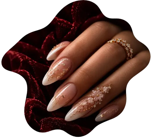 French manicure with floral gold detail on velvet