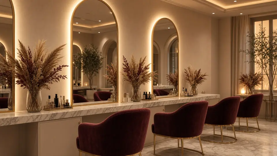tipntoe studio with arched mirrors and burgundy chairs